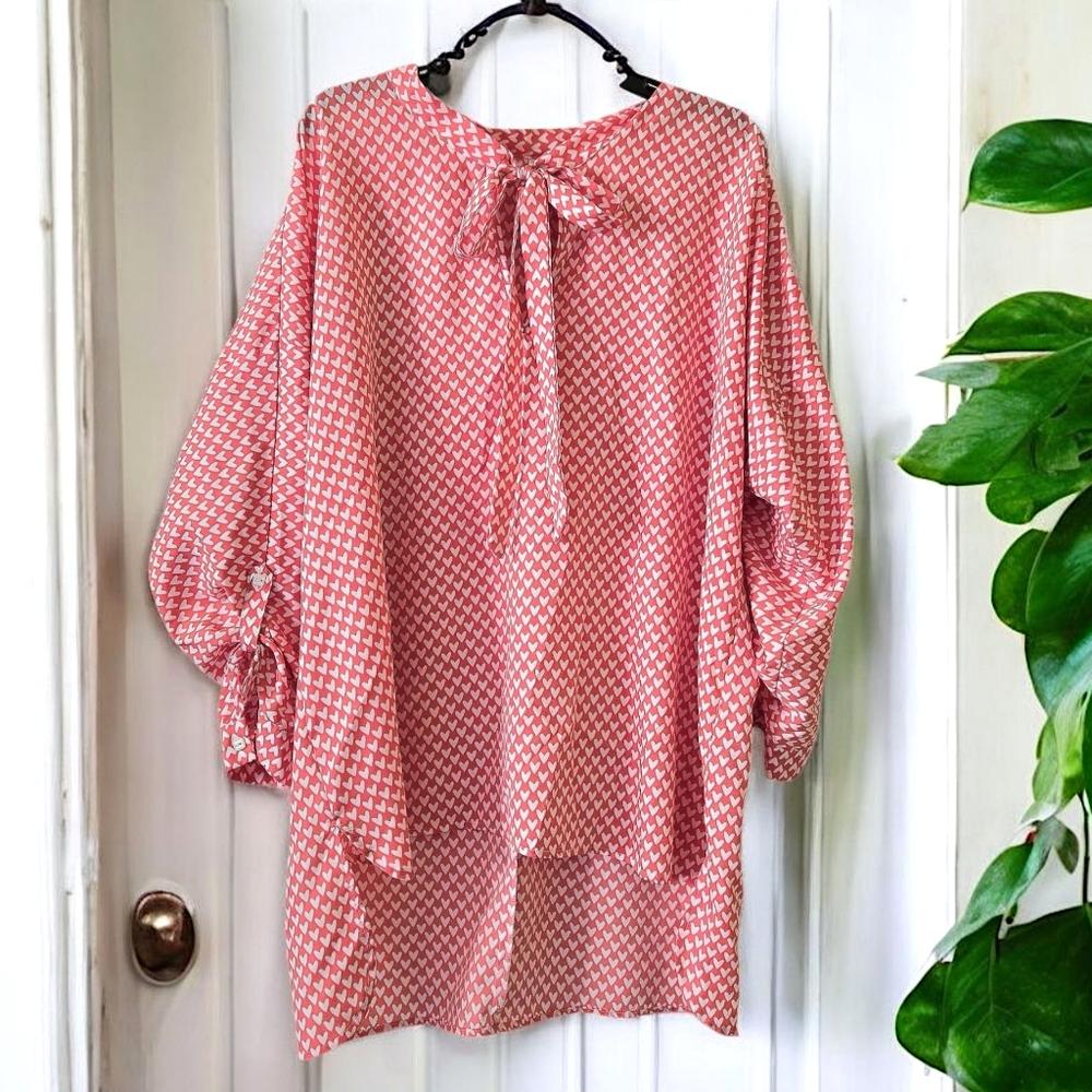Lightweight Tunic Top Salmon Pink w Hearts Neck Bow Puffy Sleeve Cottagecore
